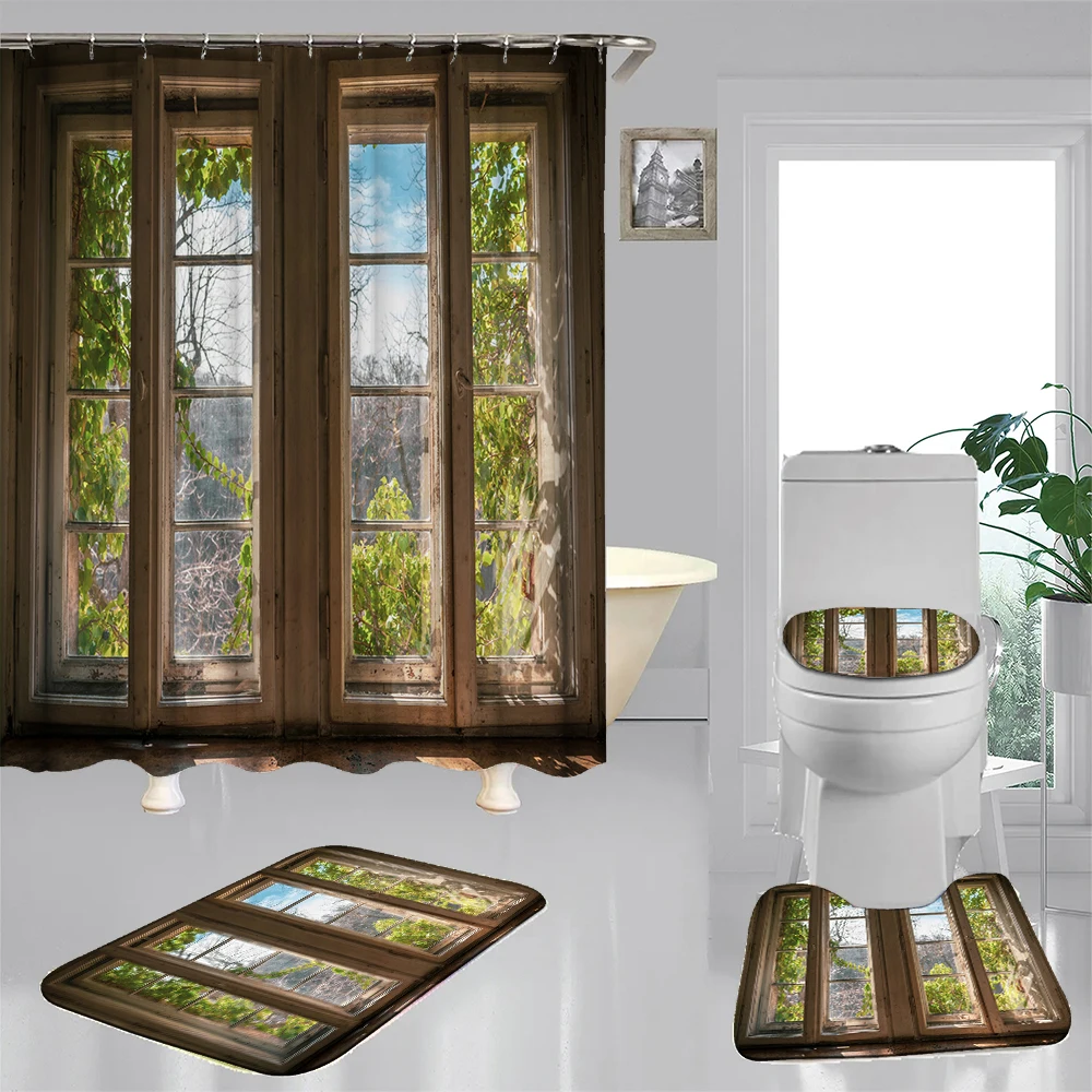 1 set of wooden window forest scenery printed shower curtains, retro natural farmhouse style, with 12 hooks and bathroom floor m