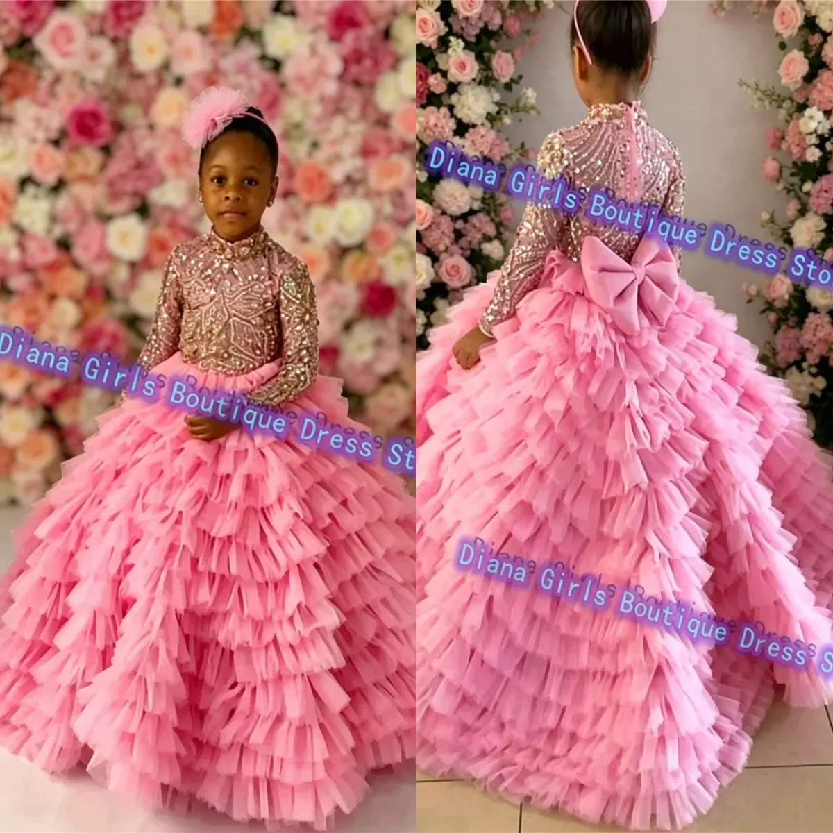 Luxury Flower Girl Dress Pink Tulle Puffy Layering With Quality Gold Printing For Kids Wedding Birthday Party Evening Ball Gowns