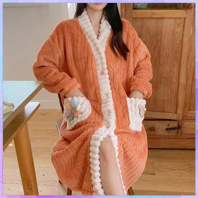 Winter Warm Sleepwear Kimono Solid Shower Robe Women Single Breasted Night Dress Thick Bathrobe Plus Size Homewear Simple