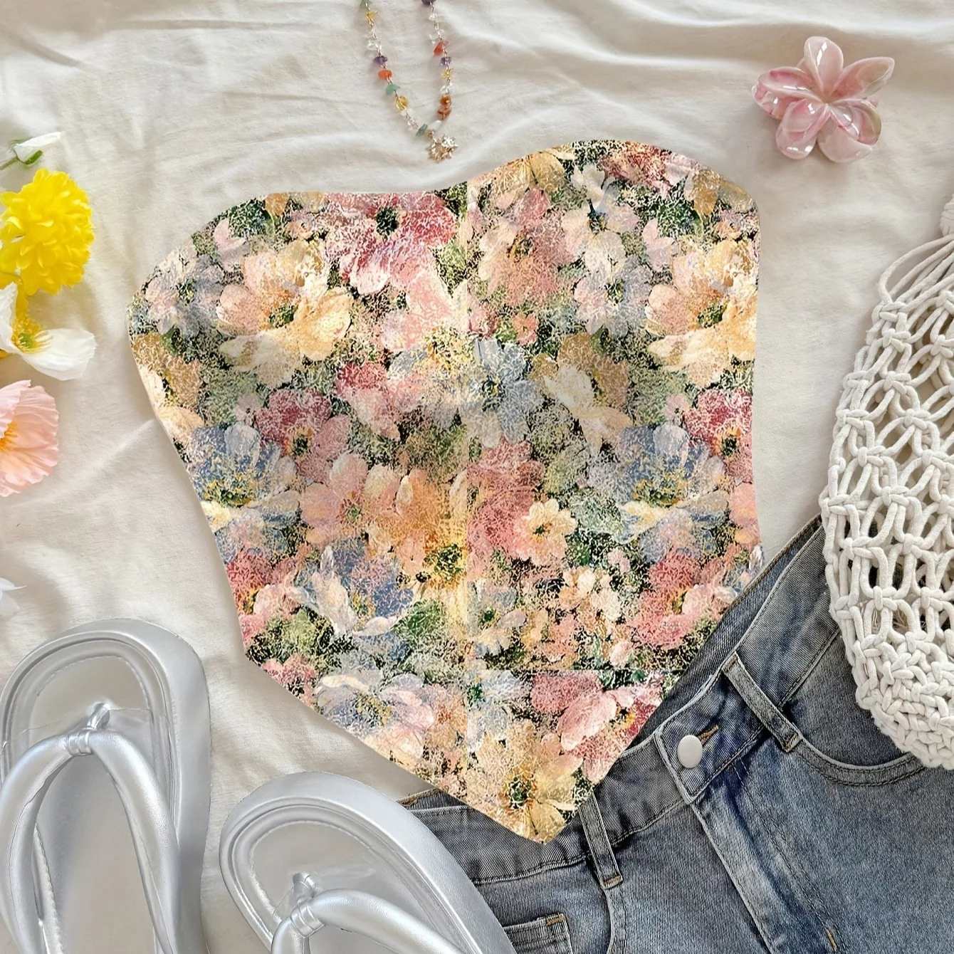 Women's Vintage Floral Korean-Style Fabric Bandeau Top – Sexy & Sweet; Perfect for Parties, Music Festivals, and Beachwear