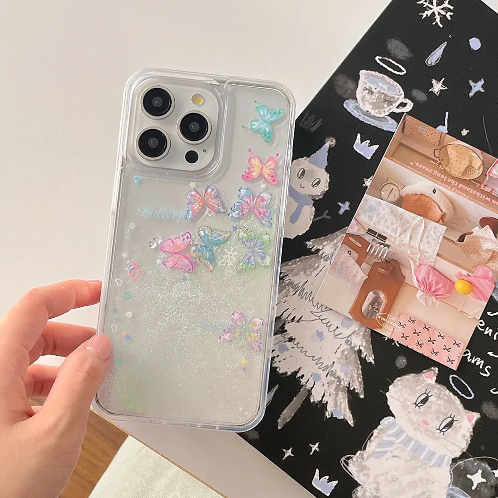 Cute Liquid Quicksand Butterfly Bling Glitter Phone Case For iphone 14 13 12 15 Pro Max 11 Shockproof Bumper Soft Silicone Cover