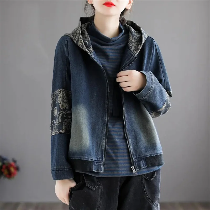 Retro Ladies Fashion Hooded Cowboy Outwear 2025 Female Long Sleeves Denim Coat Spring Autumn Women Patchwork Short Jeans Jacket