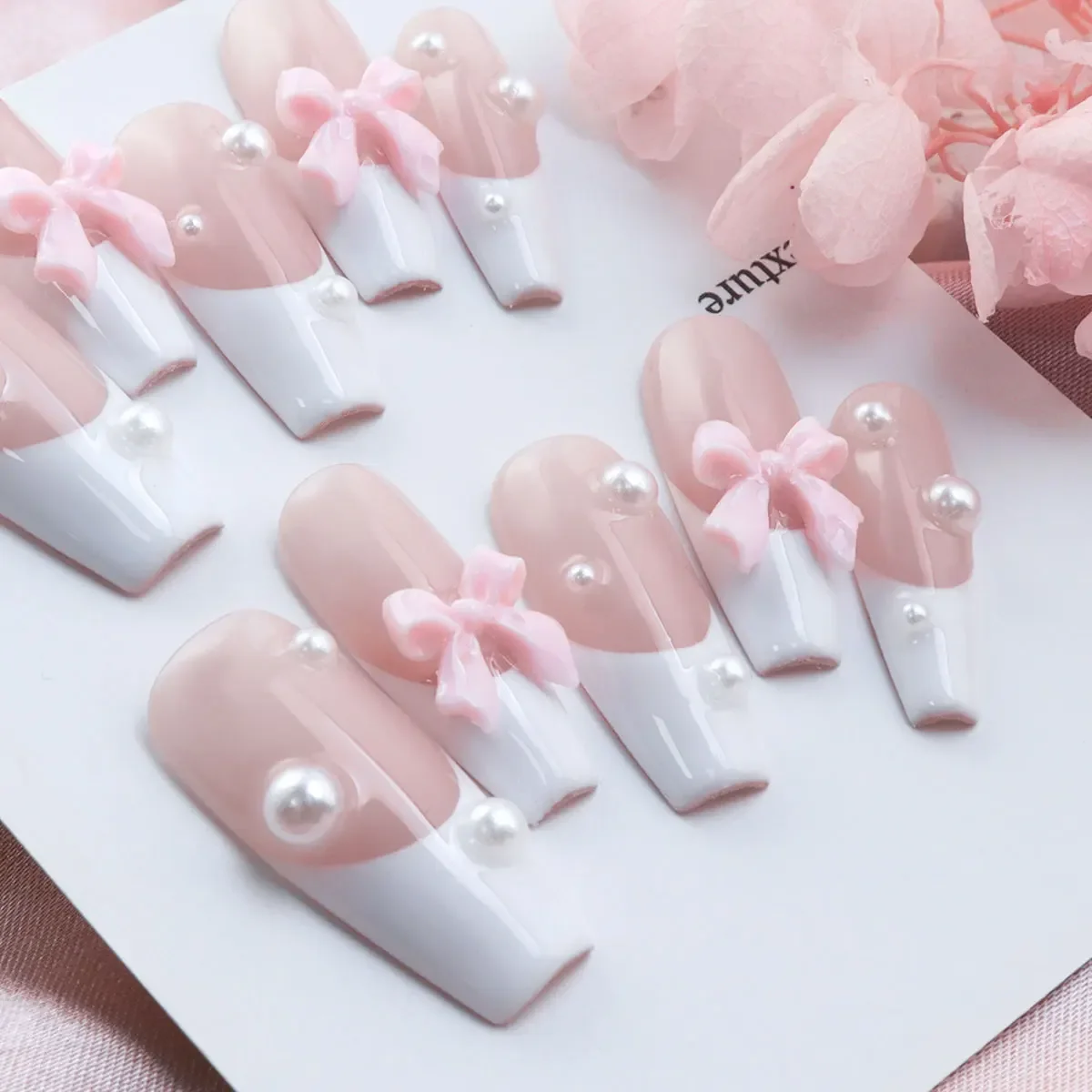 

10pcs Handmade Press on Nails, Pink Sweet Bow Rhinestone White French Tip Design with Jelly Glue&Nail File,Reusable Fake Nails