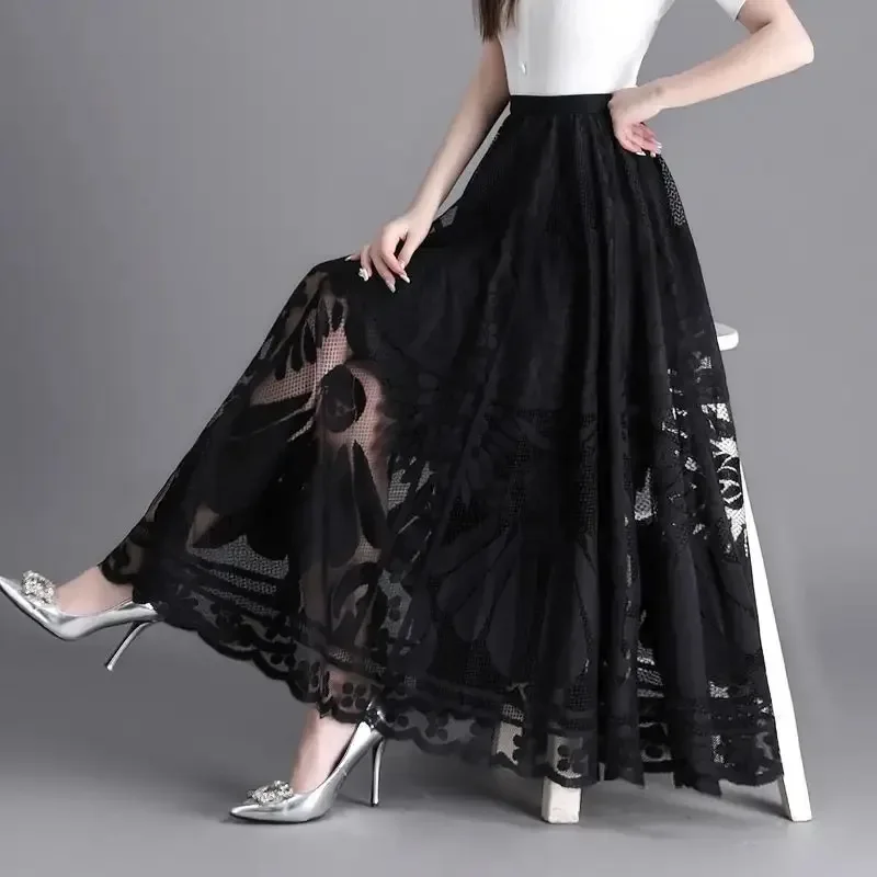 

Elegant High Waist Lace Skirt Women'S New A-Word Black Long Skirt Office Ladies Big Swing Gauze Hollow Pleated Skirt Streetwear