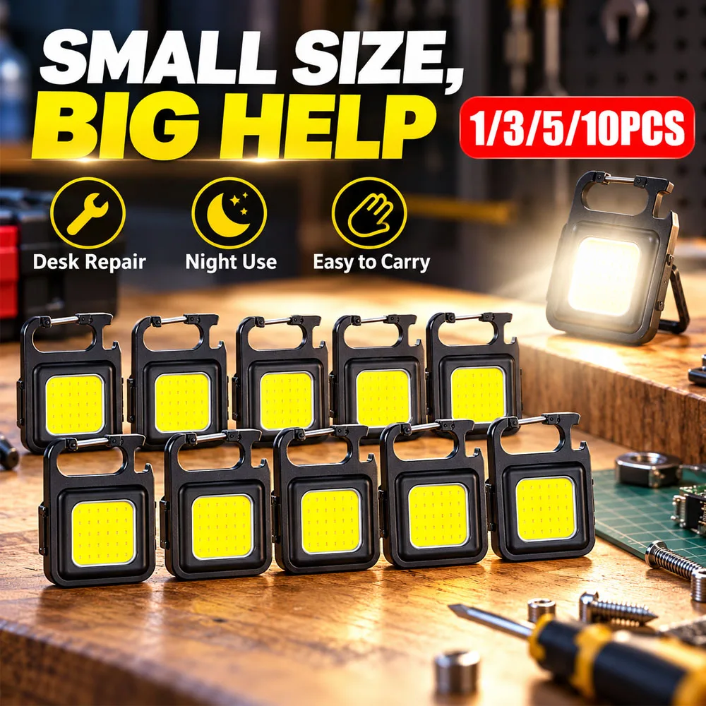 1-10pcs Key Chain Work Light USB Rechargeable Mini Pocket Flashlight 3 Gear Light Adjustment Key Buckle & Foldable Bracket Handy