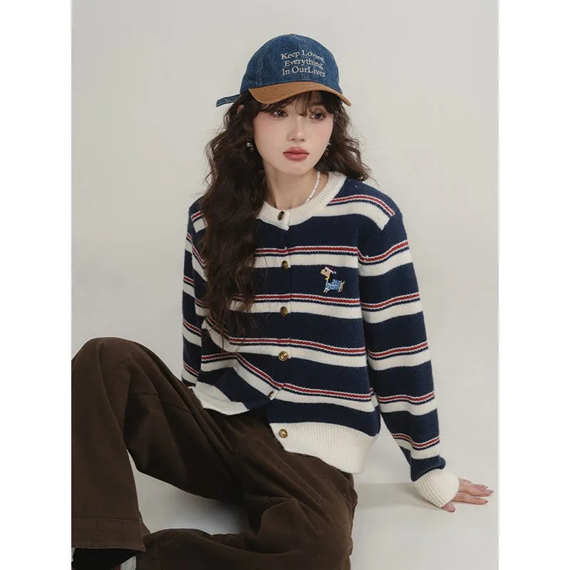 

A Striped Knitted Cardigan Outerwear in 2025 Autumn/winter Featuring A Retro Dog Embroidery Color-blocking Laid-back Style Coat