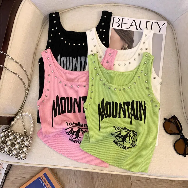 

New Fashion Rivet Letter Printing Women Knitted Tanks Summer Sexy Slim O-neck Y2K Sleeveless Versatile Tops