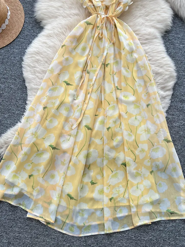 فستان خيالي لعطلة الصيف، فستان طويل بتصميم كوري، مزين بالخرز والزهور، مع حزام عند الخصر، تنورة على شكل حرف A، خصر مرتفع.