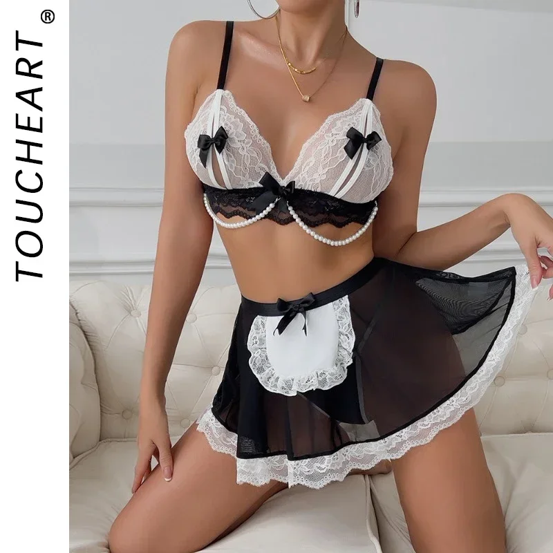 

Toucheart сексуальное женское белье из 3 предметов, сексуальная униформа для девочек, комплект с бантом, пижама с жемчужной цепочкой для женщин, сетчатый сексуальный комплект униформы горничной