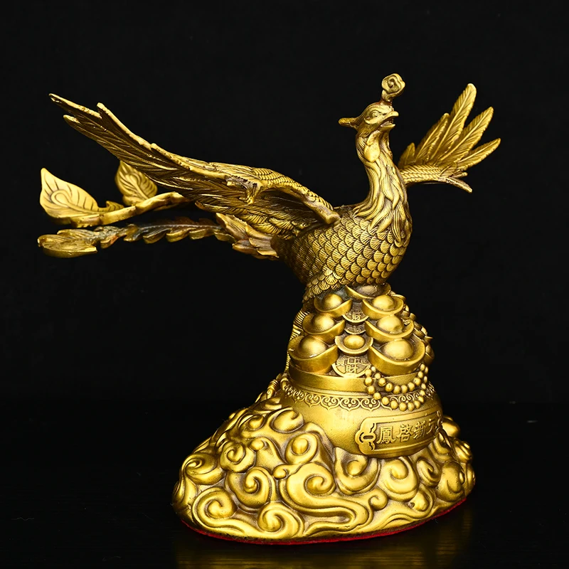 Old Brass Phoenix Statue Fengqi Xinyuan Yuanbao coins base Study screen Amass wealth Ornaments Town house