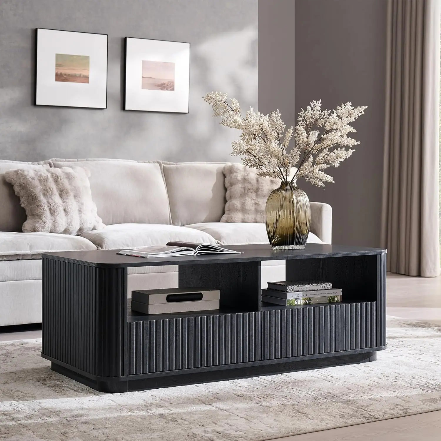 

51" Fluted Coffee Table with Storage, Large Modern Center Table with 2 Drawers, Rectangle Wood Coffee Table for, Customized