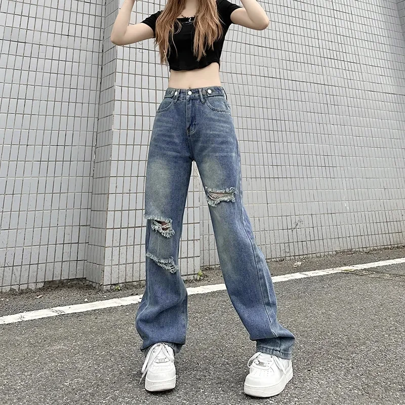 2024 Women Hole High Waisted Make Jeans Summer Lady Loose Straight Cylinder Denim Pants Female Ripped Wide Legs Cowboy Trousers