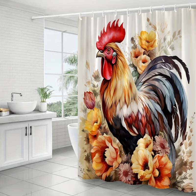 Charming Rooster & Floral Watercolor Shower Curtain - Durable Polyester, Machine Washable with Hooks Included, Perfect for Home,