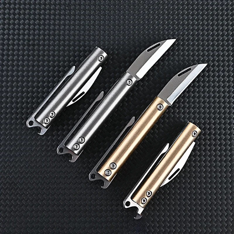 High Hardness Titanium Alloy Brass D2 Blade Trendy Portable Folding Knife, Outdoor Camping EDC Fishing Unboxing Knife