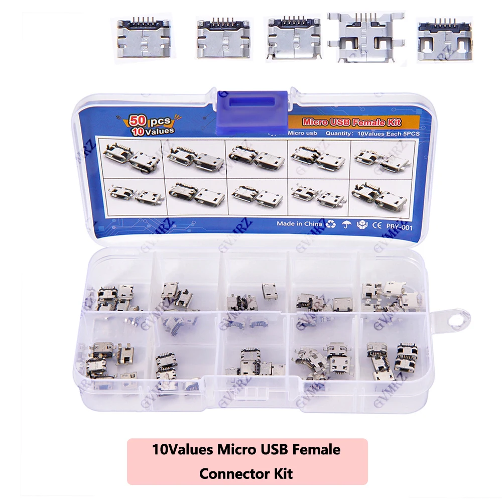 50PCS 10Values Micro USB Female Connector Kit for Electronics DIY & Repair Projects IC