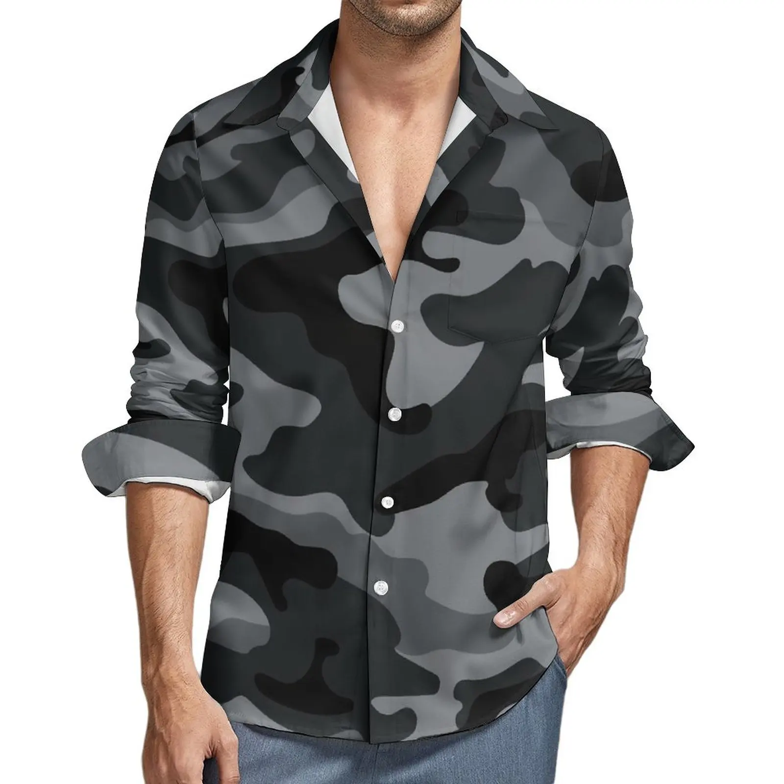 

Army Camouflage Casual Shirts Gray And Black Camo Loose Shirt Autumn Harajuku Oversized Blouses Men Long Sleeve Clothes Gift