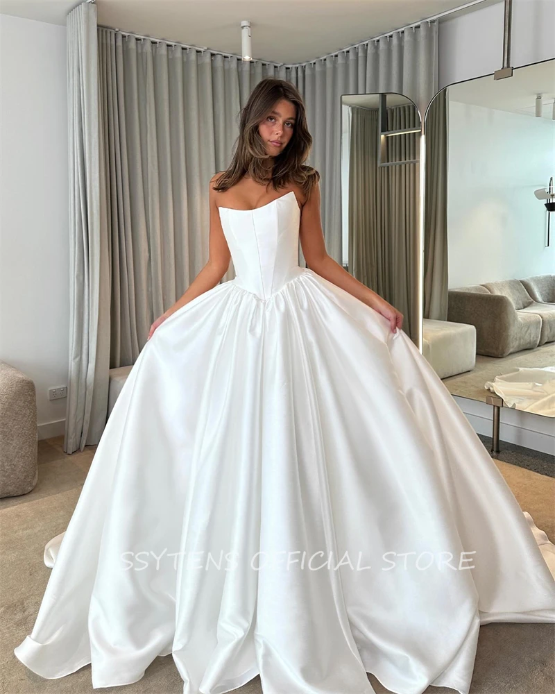 Ssytens branco longo cetim vestidos de casamento vestidos de cetim pricness noiva vestido de noiva sem mangas personalizado vestido de noiva