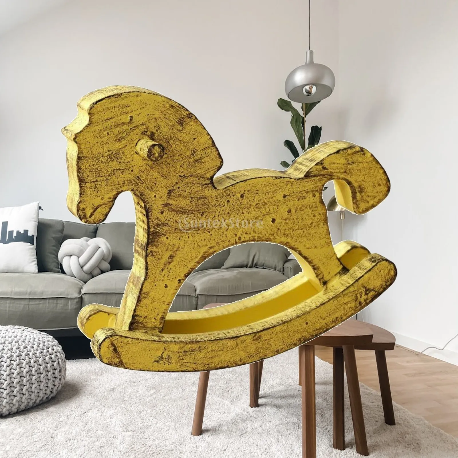 Wooden Rocking Horse Figurine Hand-Painted Finish for Office