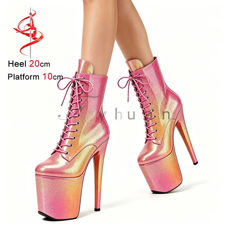 

20CM/8Inch Stiletto Pole Dance Boots Women 10CM Platform Gradient Color Exotic Europe and America Large Size Shoes Short Boots