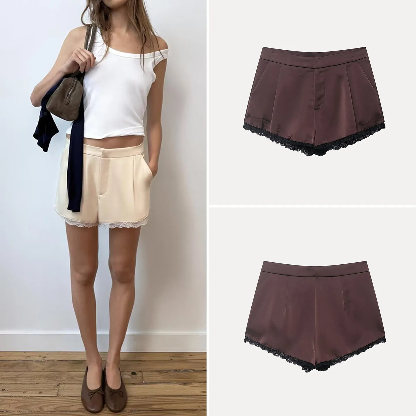 

Casual Lace Decorated Short Pants Women's Fashionable Summer Outfit Style Straight Leg Natural Waist Chinese Brand Zadata