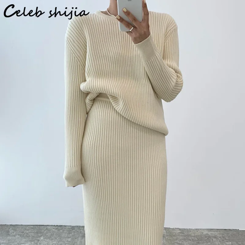 Winter Knit 2 Piece Sets Women O-neck Sweater + High Waist Skirts Autumn Oversized Vintage Runway Woolen Set Female Korean