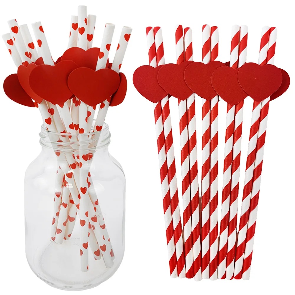 10/30/50pcs Valentine's Day Red Heart Paper Straws Love Valentine's Day Cake Pop Sticks for Weddings Engagement Party Decoration