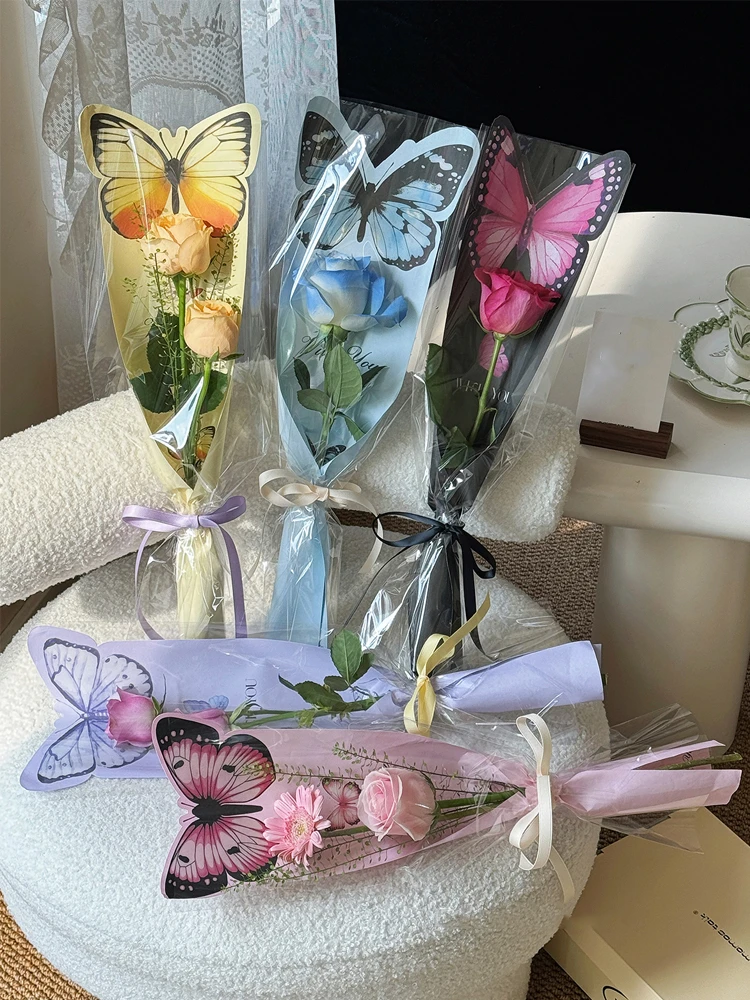 Valentine\'s Day 20pcs Butterfly Flower Wrapping Paper Card Insertion Flower Bag Transparent Single Rose Packaging Bag