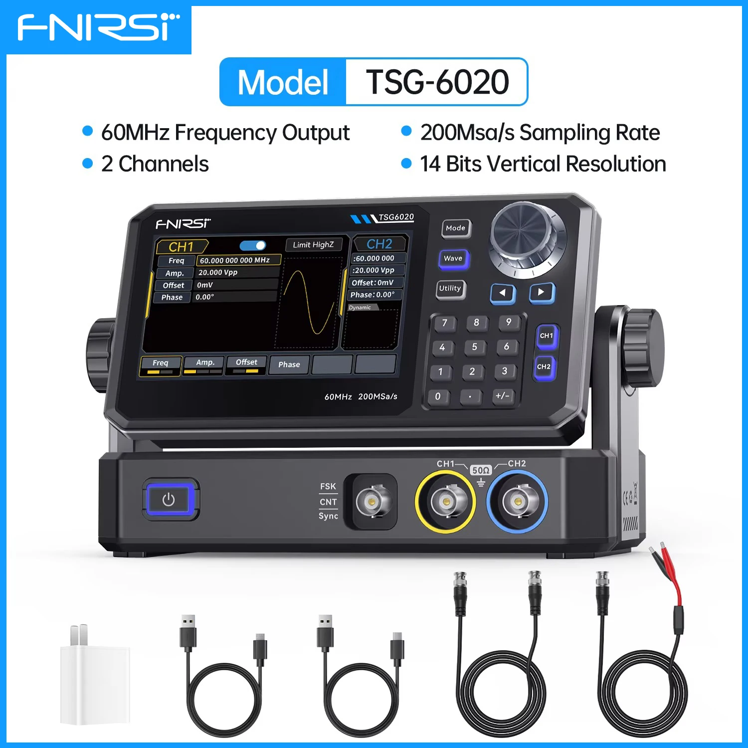 FNIRSI TSG6020 Dual-Channel Function Signal Generator 60MHz 200MSa/s 14 Bit 4.3″ Touchscreen for Electronic Testing Repair Tools