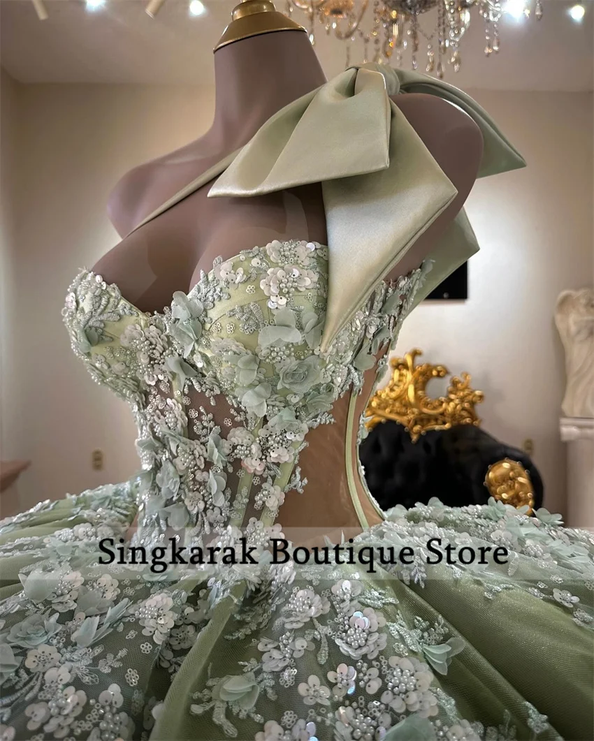 

Luxury Sage Green Sweet 16 Quinceanera Dresses Bow Beads Applique Pearls Princess Ball Gown Vestidos De 15 Años Customized