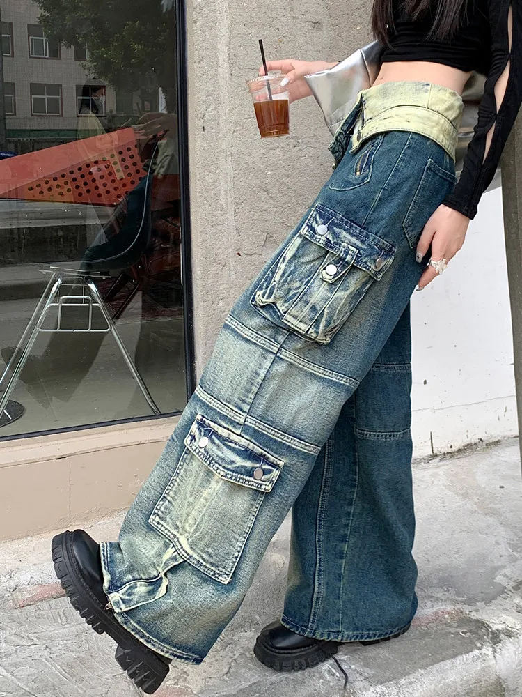 Imagem -04 - Jeans Largos Azuis Lavados com Vários Bolsos para Mulheres Calças Retas de Perna Larga Calças Jeans Femininas Roupas Y2k Streetwear 2023