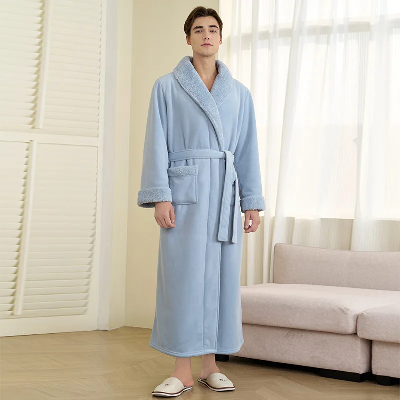 Men's Double-Layer Thickened Robe for Autumn and Winter New Style Flannel Warm Sleepwear Plus Size Extended Home Morning Dress