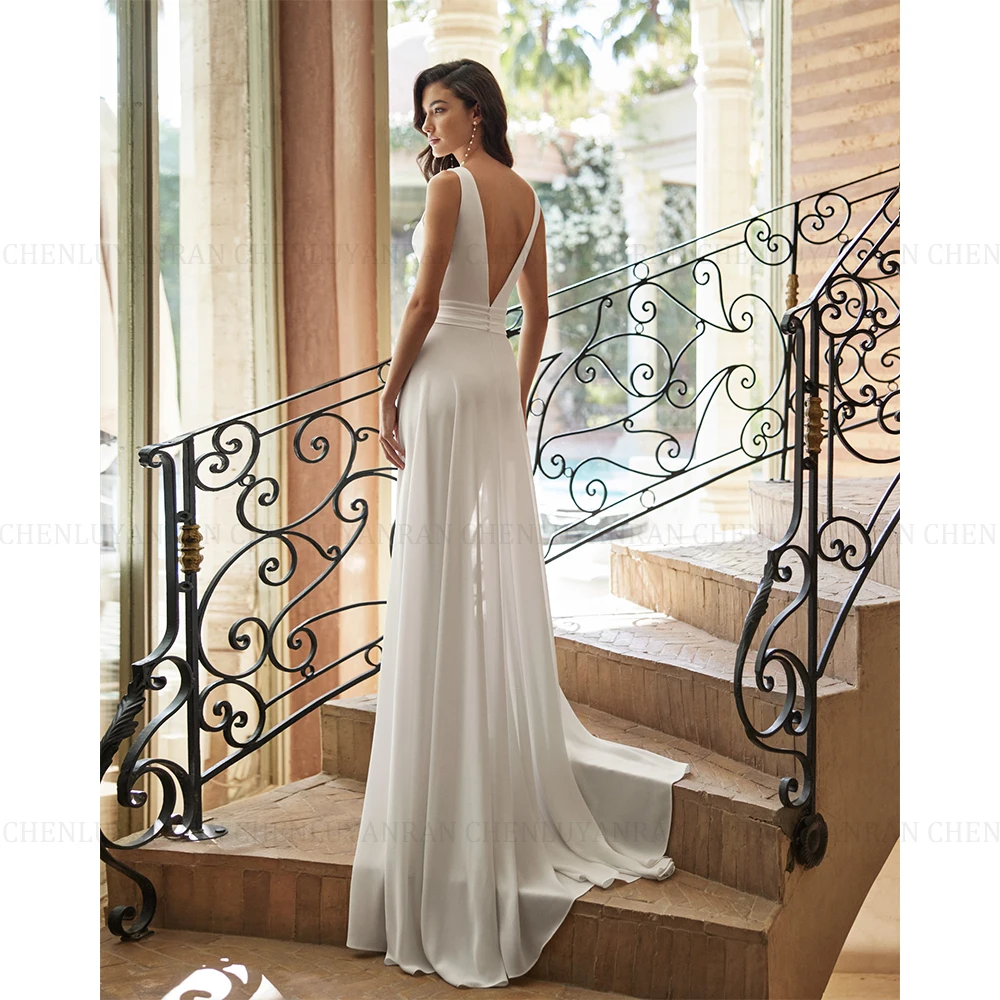 ROSEANN Simple Jumpsuit Wedding Dresses 2024 New Backless Deep V-Neck Pleated Chiffon Sleeveless Bridal Gowns Vestidos De Novia