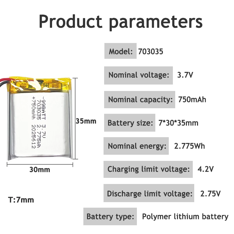 703035 Batteria 3.7V 750mAh LiPo Batterie ai polimeri di litio ricaricabili per apparecchiature di bellezza Luci LED GPS Prodotti digitali