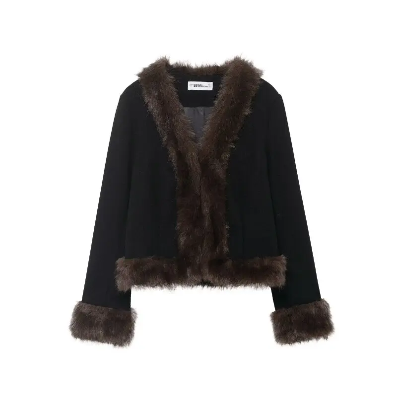 

Women’s Fur Collar Patchwork Waist Cinching Faux Fur Coat Winter Warm Luxury Outerwear
