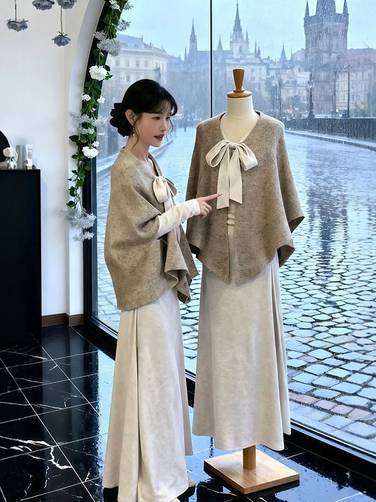 

Весенний модный комплект больших размеров для женщин: пальто-накидка и базовое платье, повседневный стиль, с высокой талией, теплый, средней длины