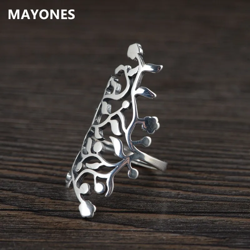 MAYONES S925 Silver Vintage Craft Women's Hollow Open Ring Exaggerated Index Finger Ring Personalized Jewelry