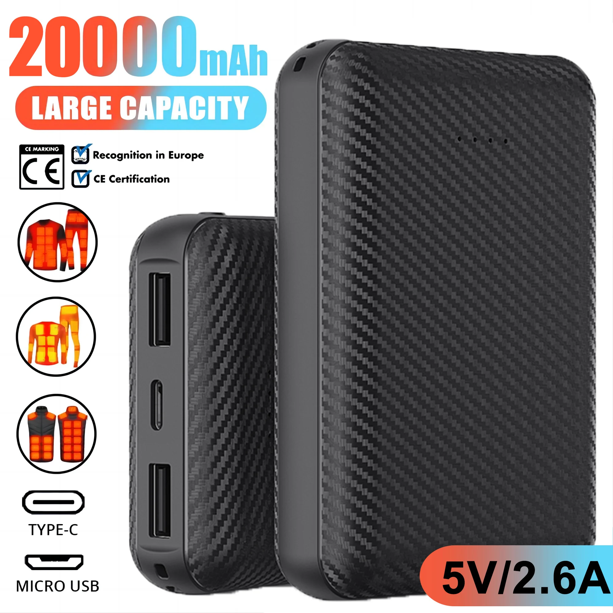 

20000mAh Power Bank 5V 2.6A Portable Charger External Battery Pack for Heating Vest Jacket Scarf Gloves Electric Heating Equipme