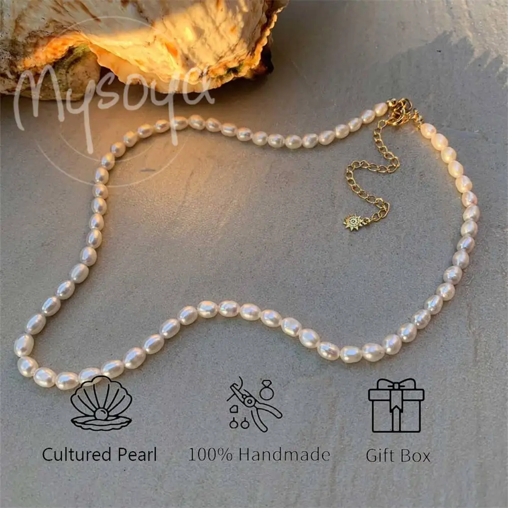 

MYSOYA White Rice-shaped Freshwater Pearl Necklace 7-8mm with Gift Box Gift for Her/Him, Suitable for Birthday/Wedding/Christmas