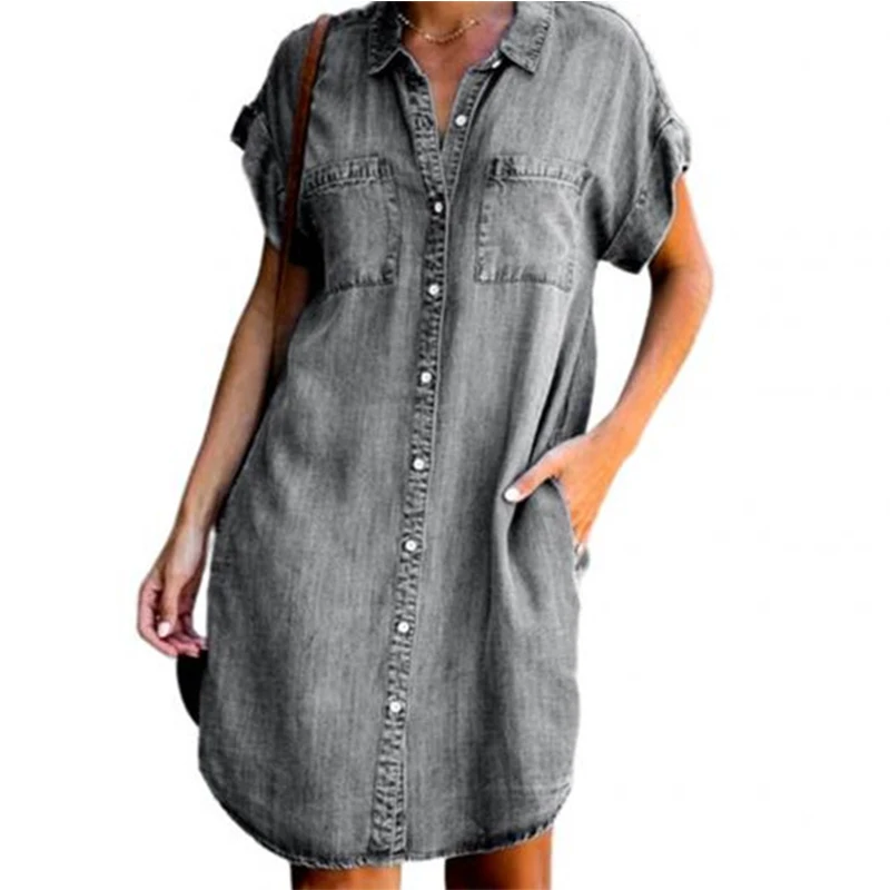 Camicia di jeans da donna abiti a maniche corte in difficoltà Jean Dress Button Down Casual tunica Top