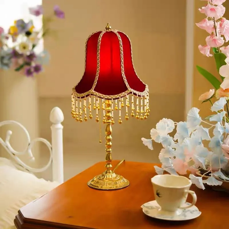 Retro brass red atmosphere velvet small table lamp, living room bedroom red wedding new room table lamp