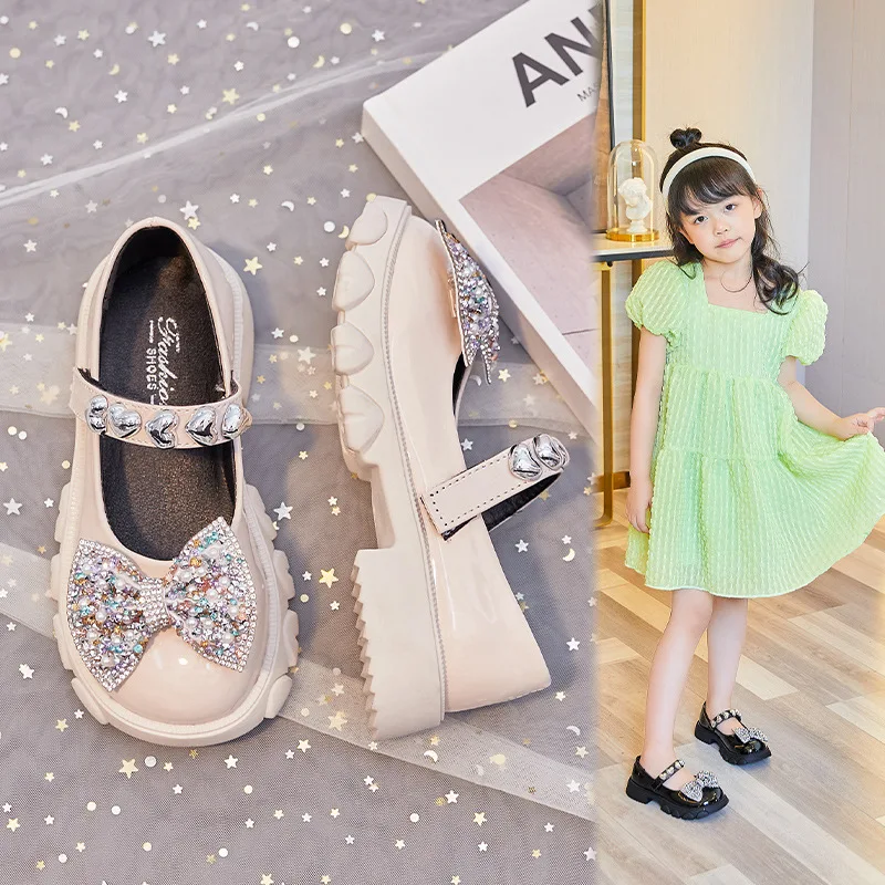 Fashion Girls Mary Jane Leather Shoes Blingbling Lace Bowknot and Pearl Decoration Princess Shoes Party Princess Girl Shoe