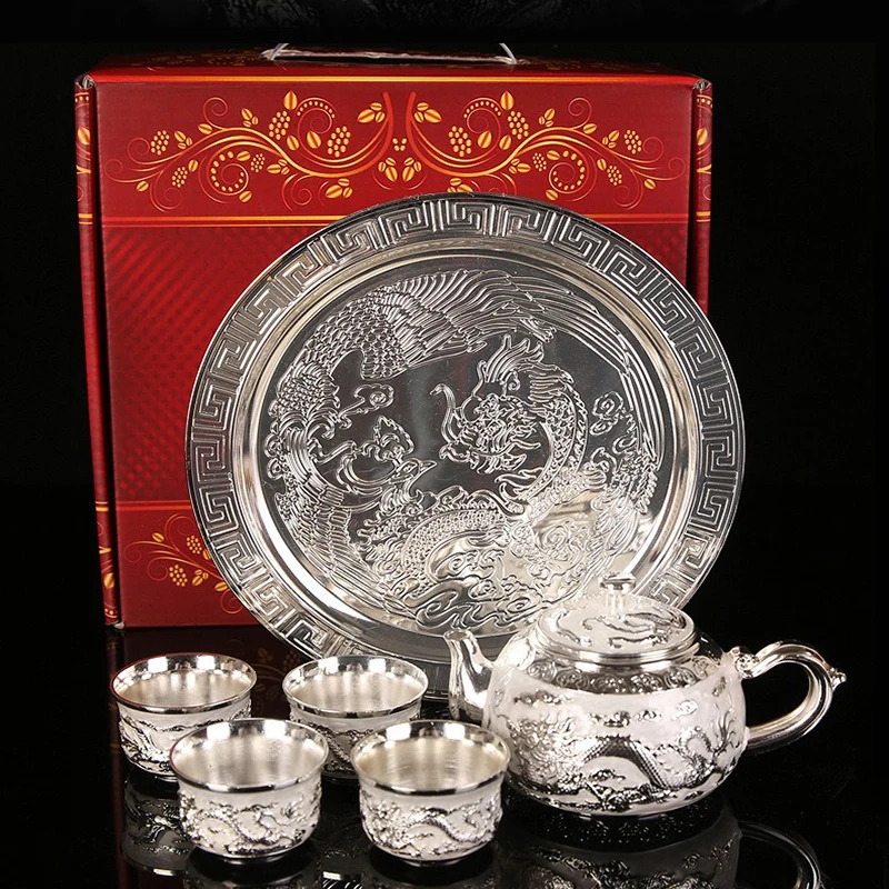 Dragon and Phoenix Silver Tea Set Silver Wine Set 1 Plate, Pot 4 Cups Chinese Teapot Gift Box Set Business Gift