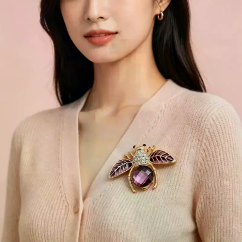 Rose Gold Plated Purple Crystal Bee Brooch With Rhinestone Enamel Wings For Wedding Party Daily Wear