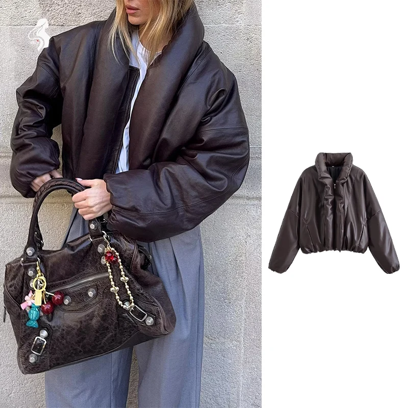 

Женская хлопковая куртка с воротником-стойкой, кожаная дизайнерская хлопковая куртка на молнии большого размера, стильная и универсальная зимняя куртка