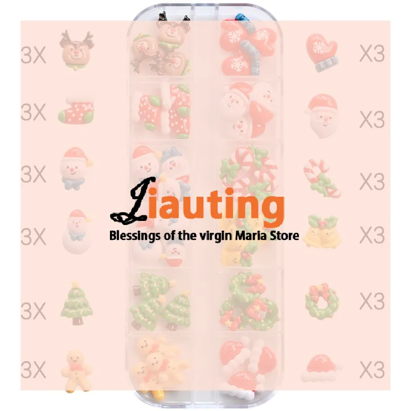 12 Griglia 36/60 Pz Kawaii Mini Pupazzo di Neve Albero di Natale Pendenti e Ciondoli per unghie 3D Renna Babbo Natale Strass per unghie Resina Gemme per unghie di Natale