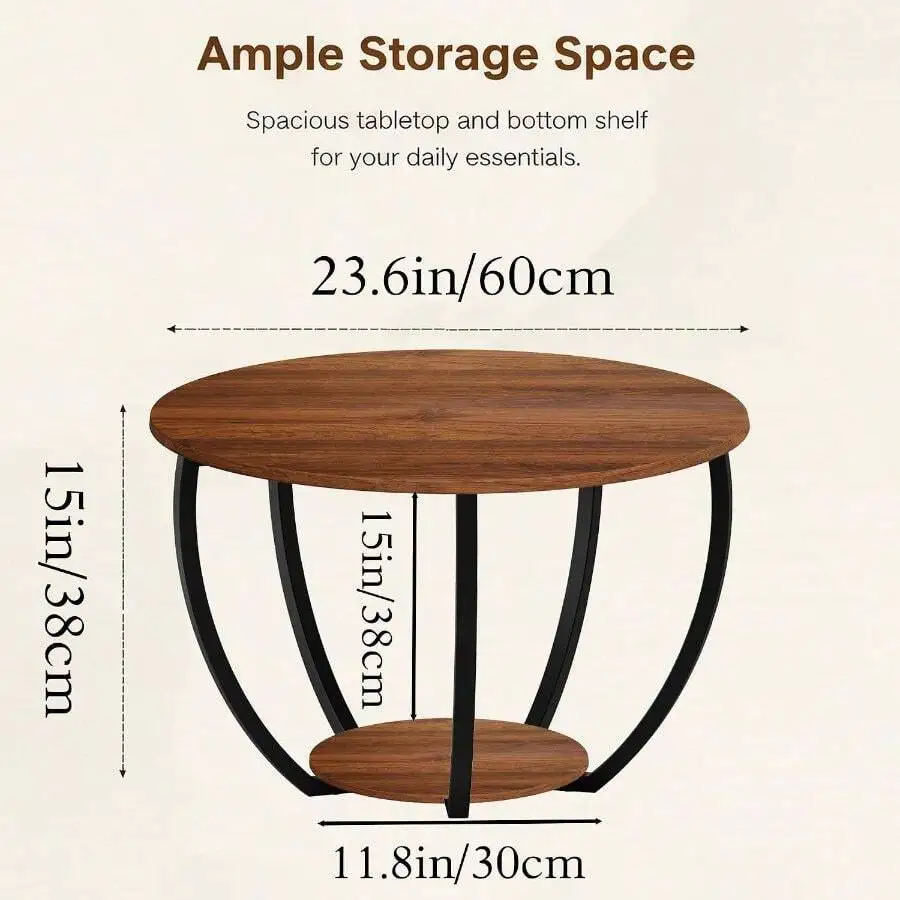 Round Coffee Table With Lower Storage Shelf, 23 Inch Circle Wooden Coffee Table, Industrial Curved Metal Frame Center Table, Acc