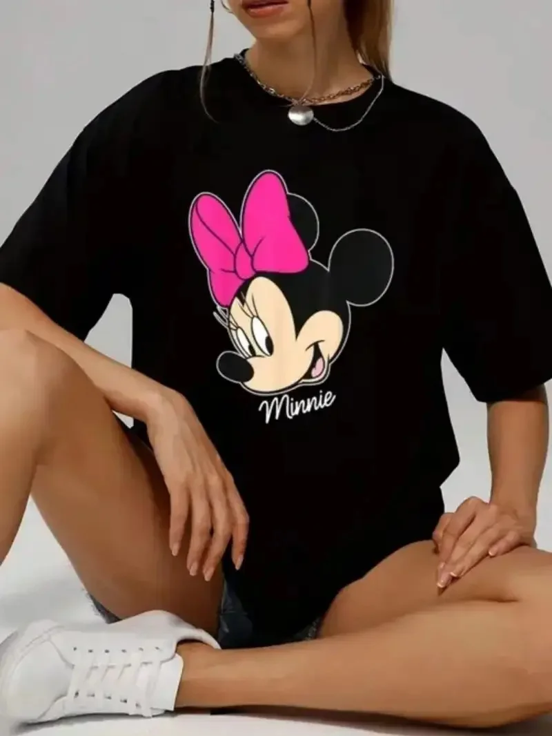 

2025 Disney Pattern Printed Women's Casual Comfortable Unique Smiling Face Black Round Neck Short Sleeve T-shirt