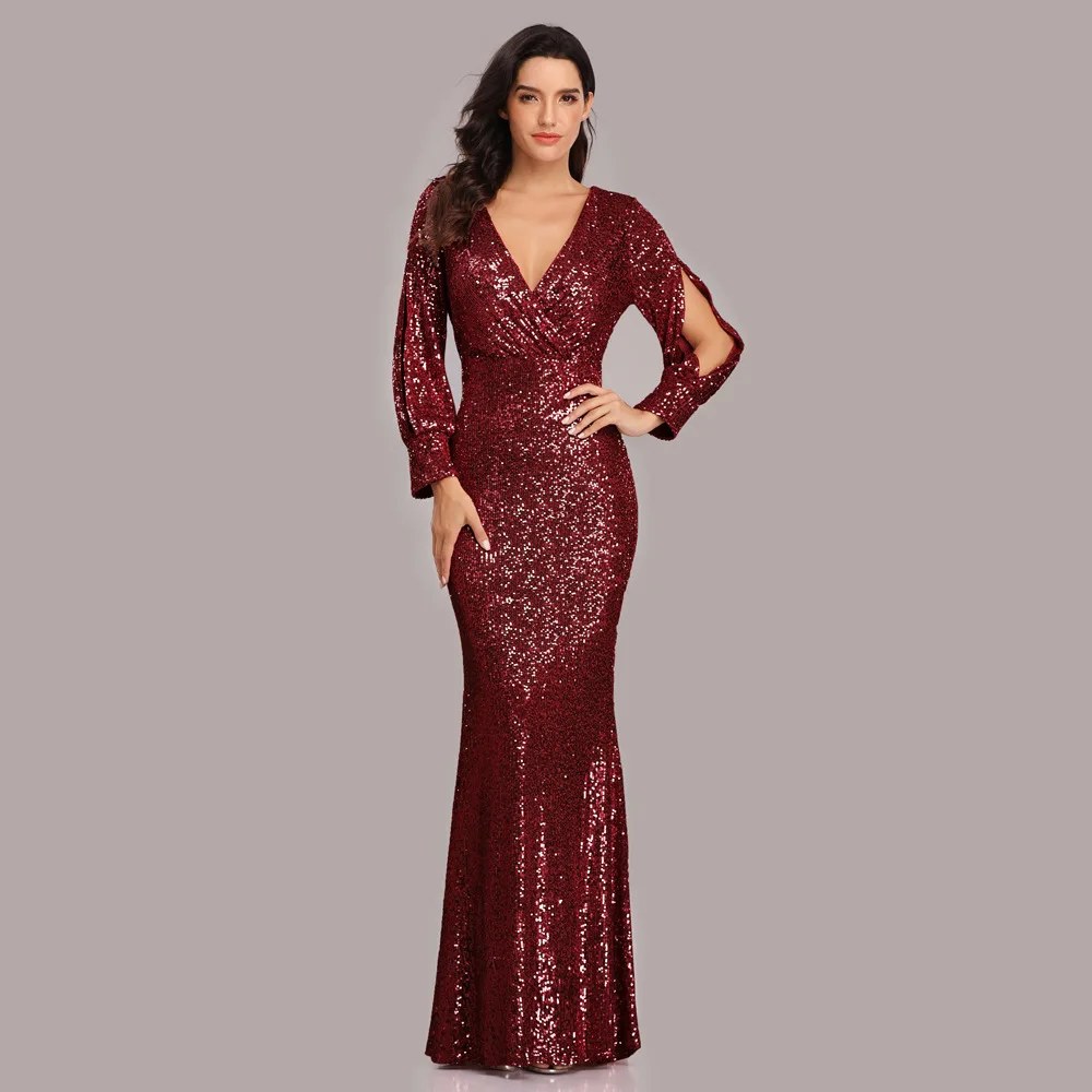 Elegant Women Prom Dresses Performance Pretty Sexy Deep V Neck Sequins Mermaid Lady Weddings Evening Formal Party Dress