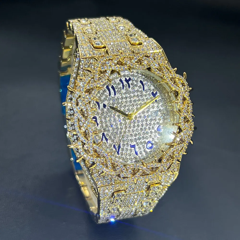 Hot Fashion Full Diamond Watch Men MISSFOX Brand Hip Hop Lced Qut Bling Jewelry Flower Quartz Wristwatch For Man Dropshipping