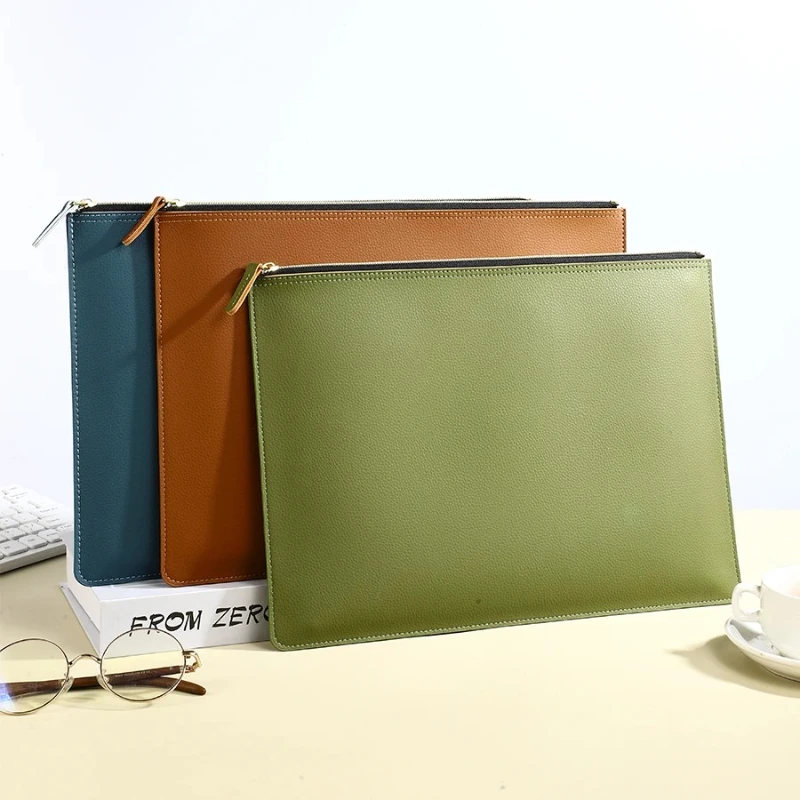 Bolsa de cuero con cremallera A4PU, bolsa de negocios portátil para documentos y materiales oficiales, almacenamiento de facturas simple, bolsa de archivos